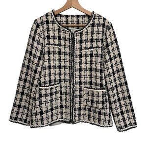 Black & Cream Tweed Collarless Blazer - Women's Jacket